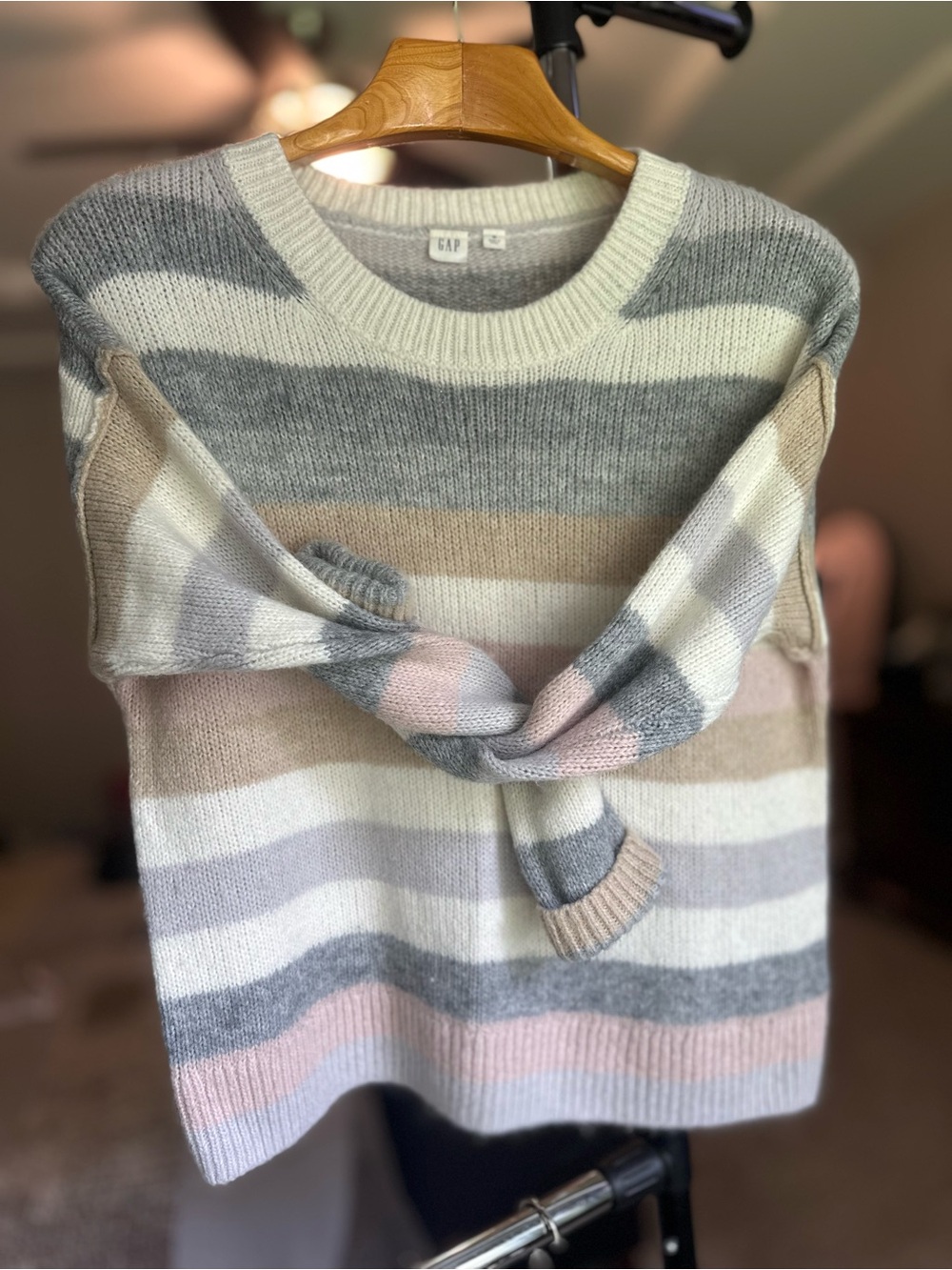 Gap Womens Medium Striped Wool Alpaca Blend Sweater Gray Pink Cream